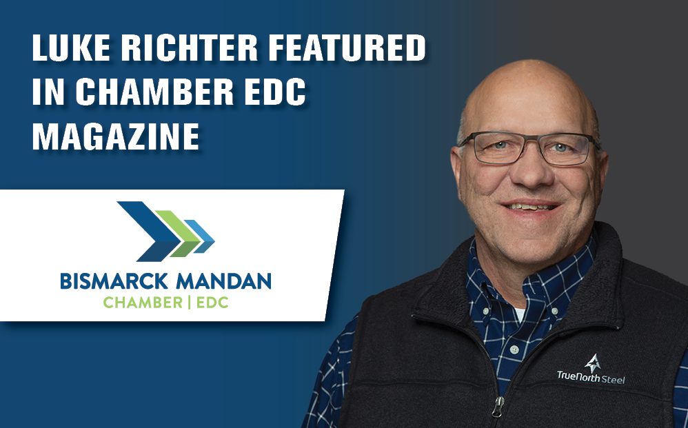 Luke Richter smiling next to text "Luke Richter Featured in Chamber ECD Magazine" and Bismarck-Mandan Chamber EDC logo